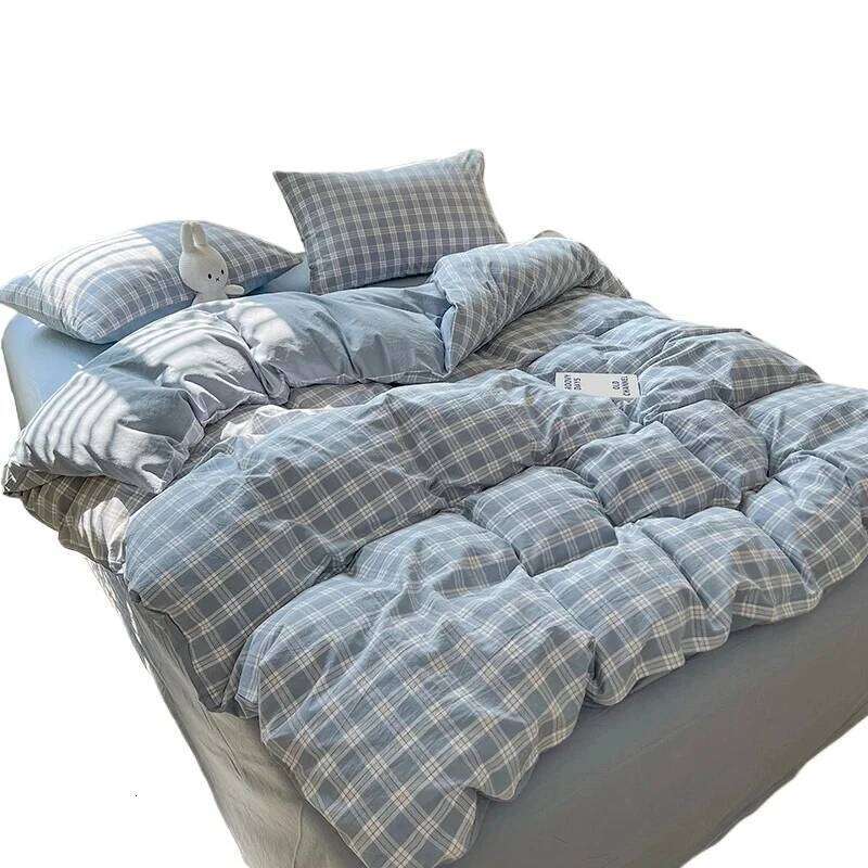 2025 New Simple Japanese style gray grid bed sheet duvet cover 4-piece student apartment four season 3-piece set H260311