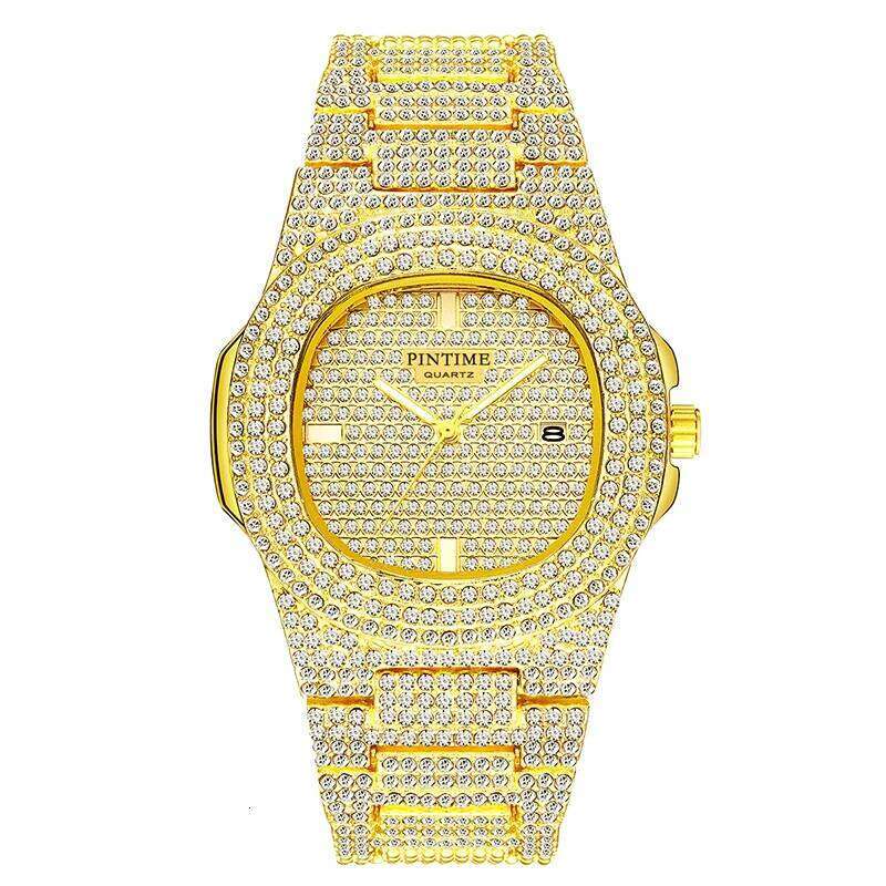 PINTIME Luxury Men's Watches Iced Out Diamond Case Waterproof 30m Stainless Steel Clasp Fashion Quartz Wristwatch Calendar Reloj