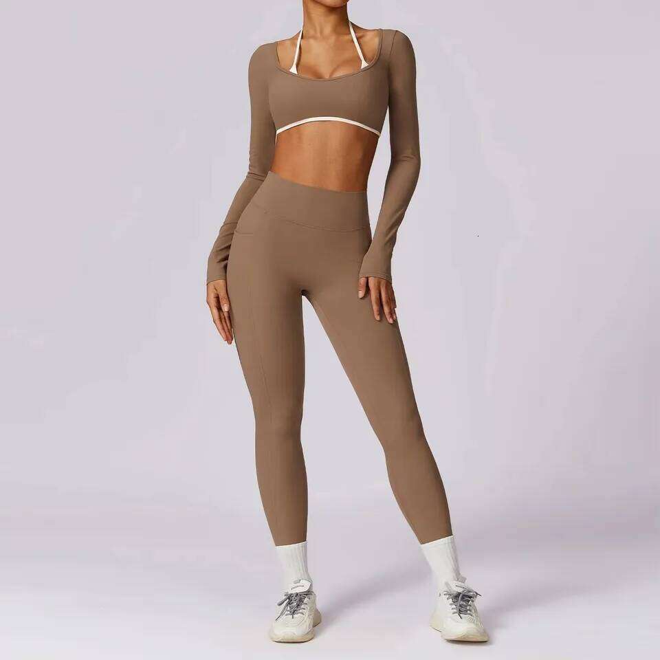 Yoga Set 2PCS Women Sportswear Push Up Workout Clothes Athletic Wear Gym Legging Fitness Bra Crop Top Long Sleeve Sports Suits 26H0311