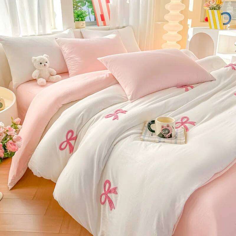 3 Piece Sheet Pink Bowknot Embroidery Duvet Cover Set, Comfortable Bedding Set Bedspread for All Seasons H260311