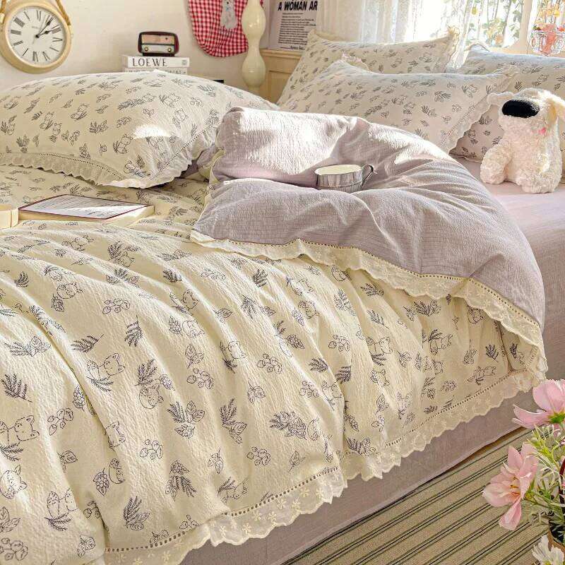 2025 new small fresh printing French lace double four-piece bedding wrinkled yarn student three-piece set H260311