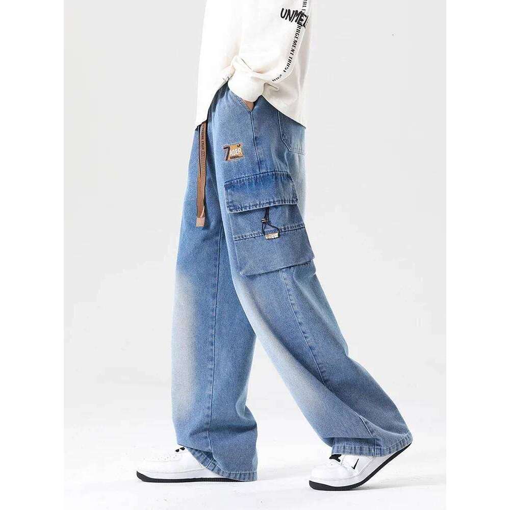 Autumn New Men's Cargo Jeans Big Pocket String Banding Wide Baggy Denim Pants Drawstring Straight Casual Jean Trousers Z260225