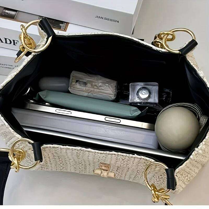 Chic Hand Straw Woven Tote Stylish Women Handbag with Chain Leather Shoulder Strap Fashion Shopping Travel Bag XJ260311