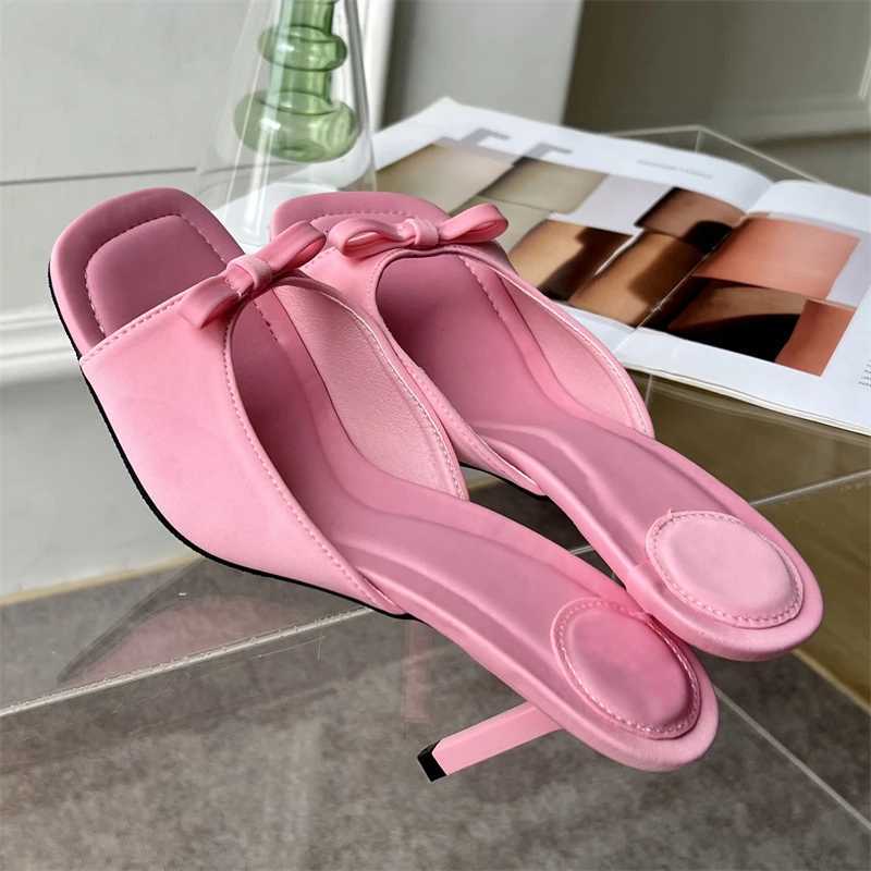 Eilyken Summer Fashion Butterfly-knot Satin Women Slipper Slip On Ladies Sandal Thin High Heel Outdoor Dress Slides Shoes K260311