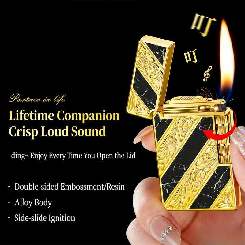 Luxury Boyfriend Gift Langsheng Lighter Crisp Steel Sound Side-Slip Metal Flip Top Flint Spark Wheel Refillable Butane N260311