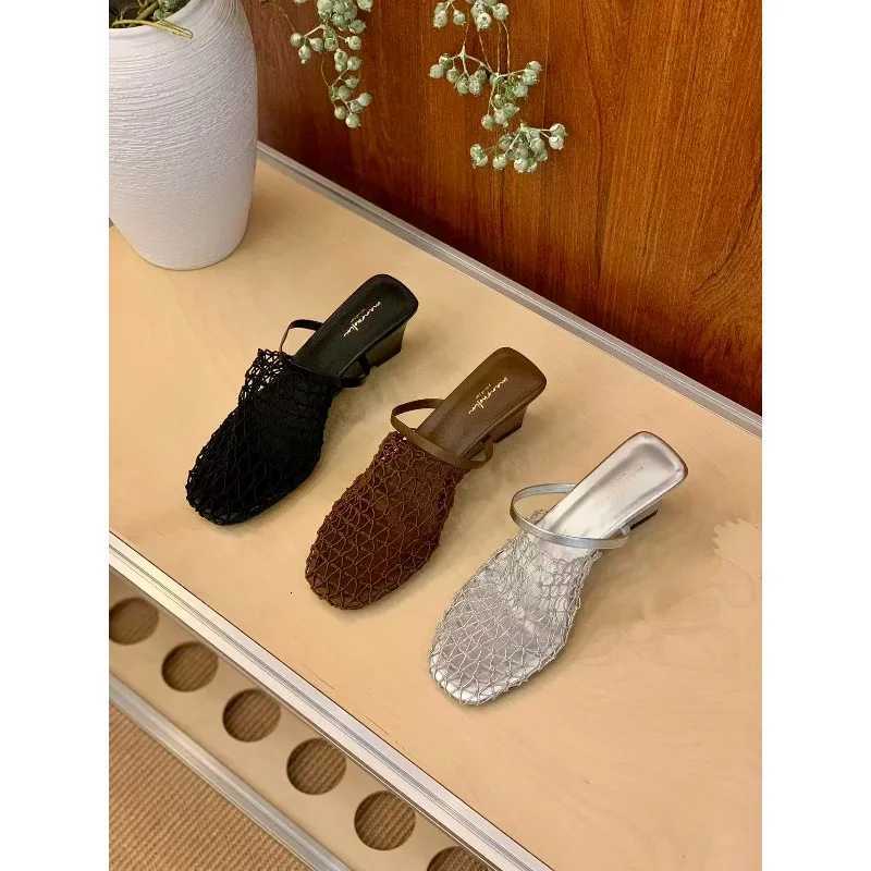 Niche Fishing Net Woven Hollow Sandals for Women in Summer 2025 New Style with Skirt Block Heel Square Toe Muller Semi-slippers K260311