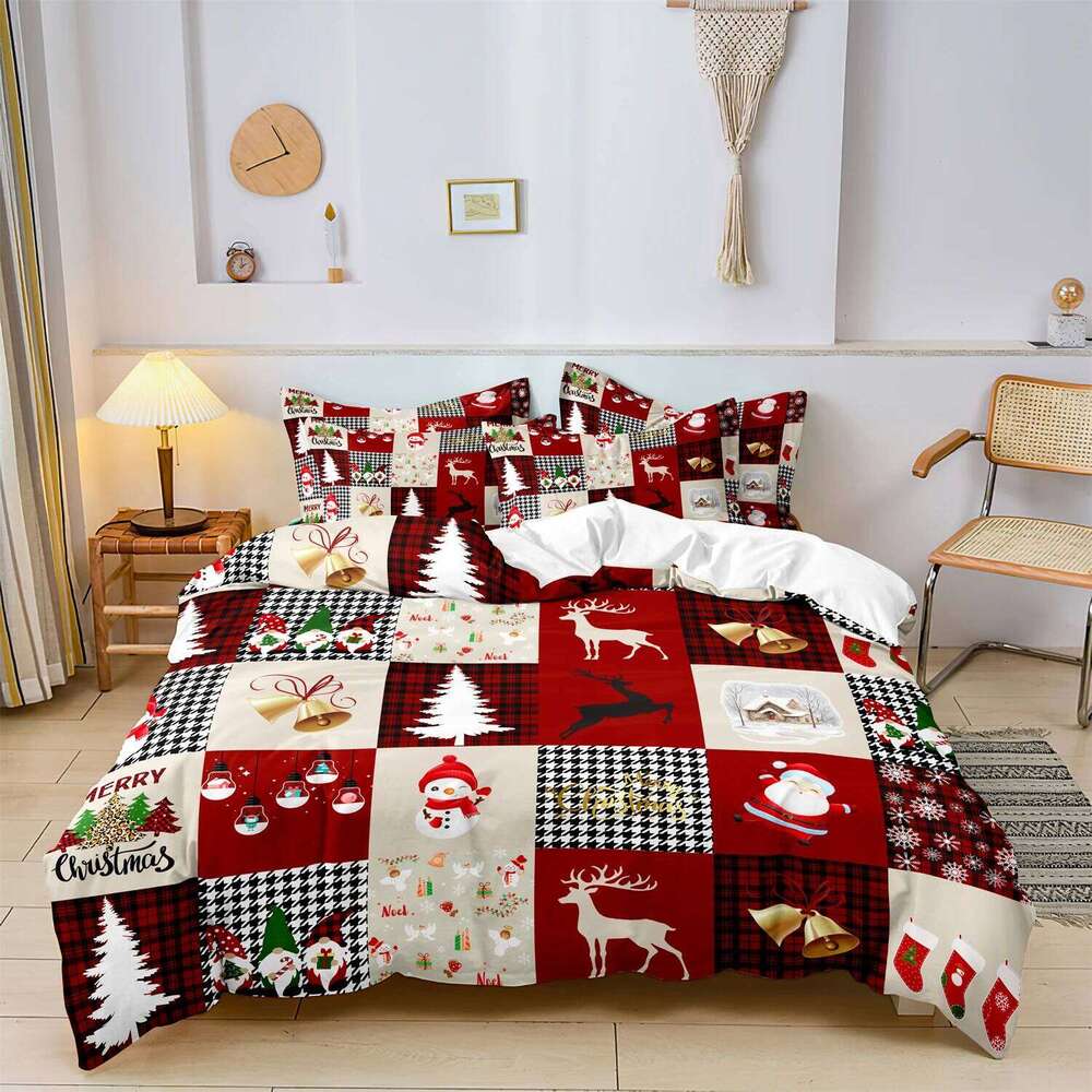 3pcs Reindeer Red Black Plaid Duvet Houndstooth Patterns - All-Season Bedding For Holiday Decor & Christmas Gift H260311