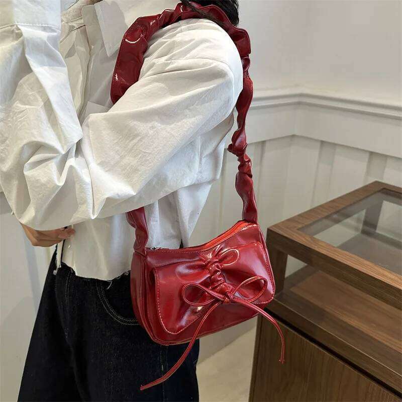 Soft PU Leather Women's Small Shoulder Bags Simple Ruched Design Ladies Underarm Bag Solid Color Bowknot Fashion Purse Handbags XJ260311