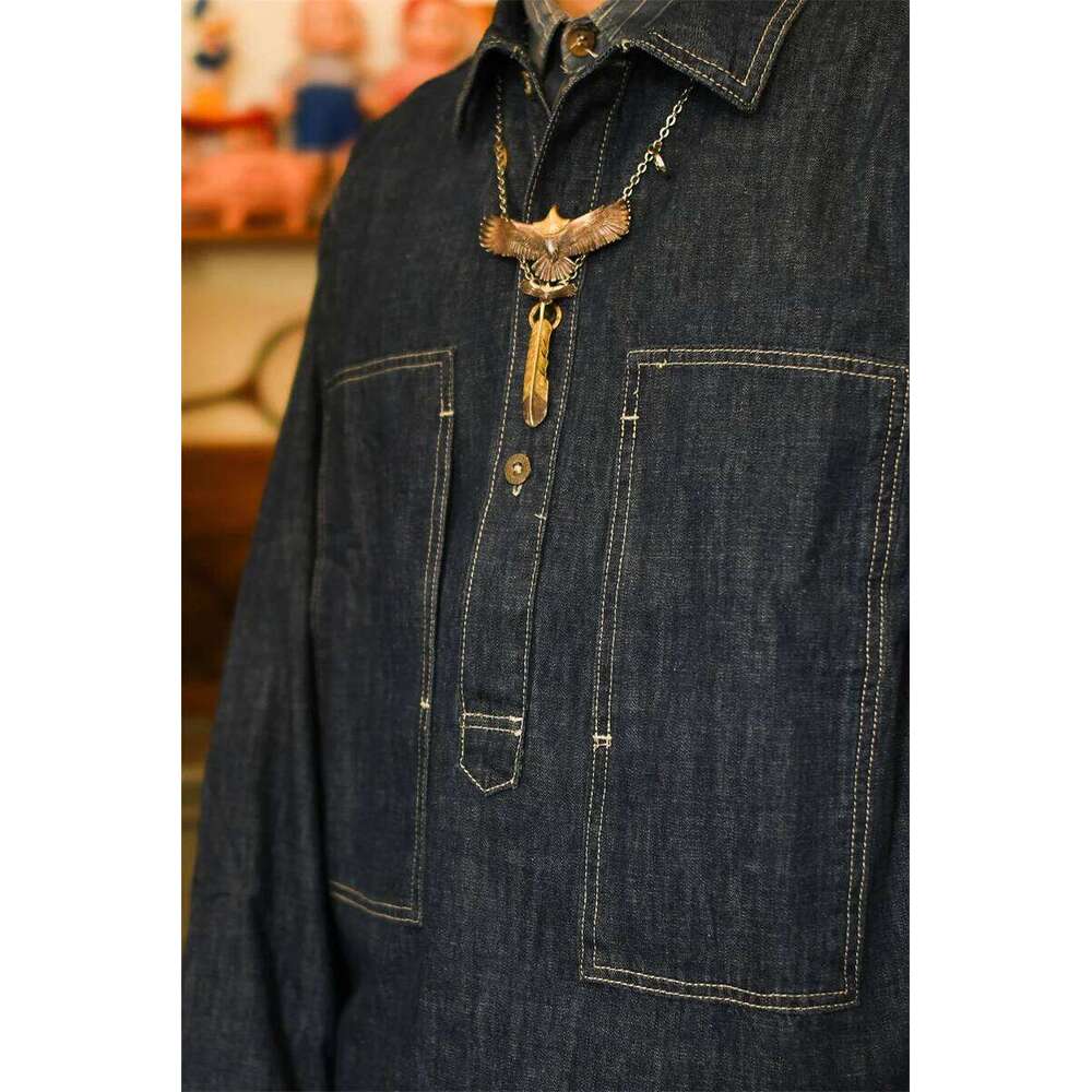 1920s Vintage US Army Spring Summer Blue Denim Work Uniforms Loose Pullover Shirt Jacket 26H0311