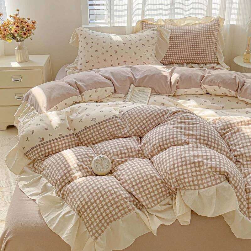 3pcs Korean lace Duvet 1*Duvet Cover + 2*Pillowcase, Without Core, Pink checkered print Bedding Set H260312
