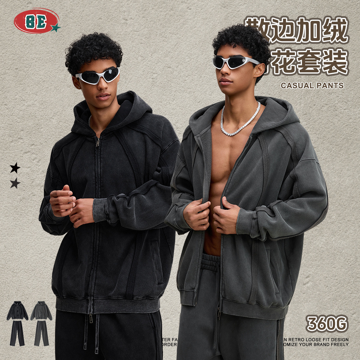 BE Mens Clothing 2025 Autumn American Style Trendy Brand Fleece Snowflake Zipper Sweatshirt Straight-Leg Pants Set for Men 250227