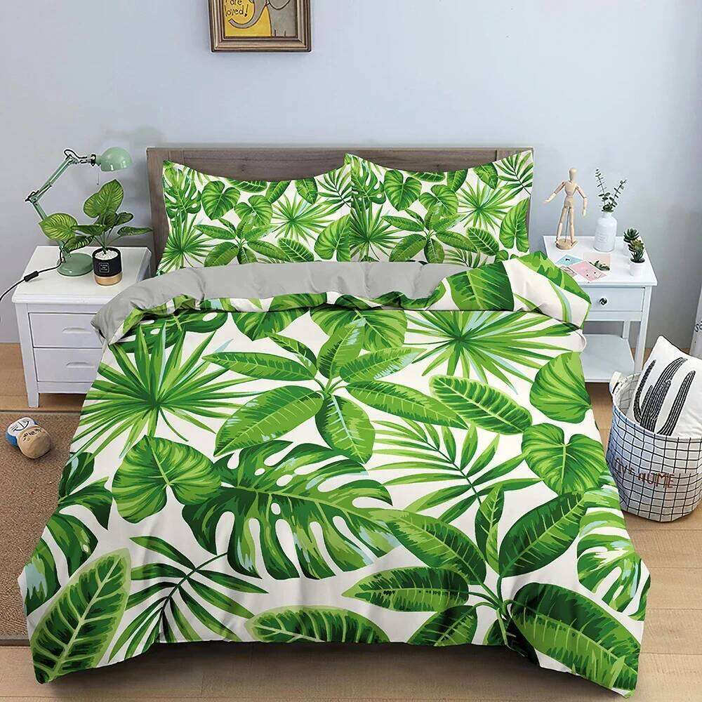 Tropical Plant Bedding Set Green Leaves Duvet with Zipper Closure Comforter Queen King Full Polyester Quilt Cover H260311 - view 7