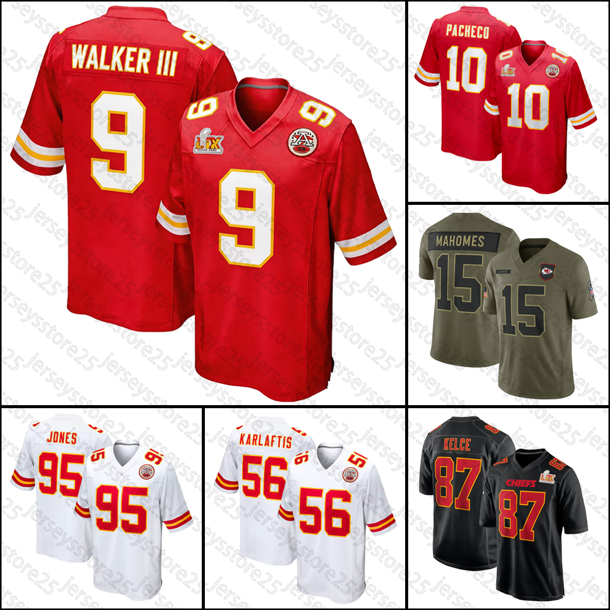 Patrick Mahomes Chiefss Football Jersey Travis Kelce Isiah Pacheco Chris Jones Xavier Worthy Trent McDuffie Rashee Rice Nick Bolton Walker III Jerseys