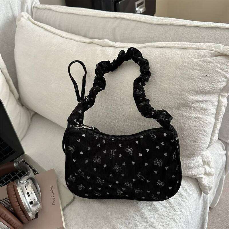 Women Small Underarm Bag Corduroy Handbag Cute Bowknot Print Little Tote Half Moon Design Eco Cloth Purse Mini Shoulder Bags New XJ260311