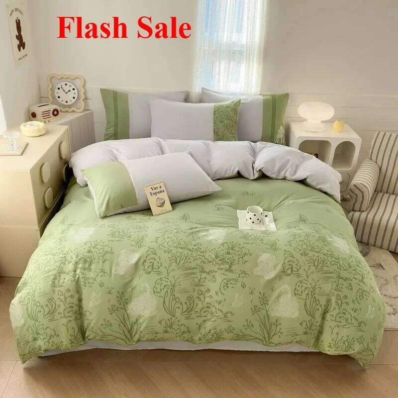 New class A milk 6D three-dimensional printing four-piece set small fresh washed cotton bed sheet quilt cover H260311