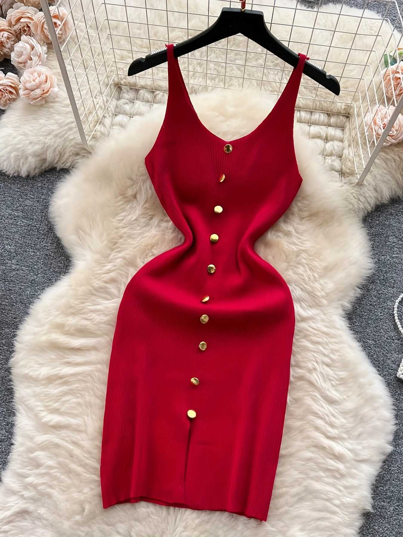 2024 Solid Button Front Spaghetti Dress Sexy Split Knit Cami Dress Bodycon Womens Clothing Outfits Split M260311