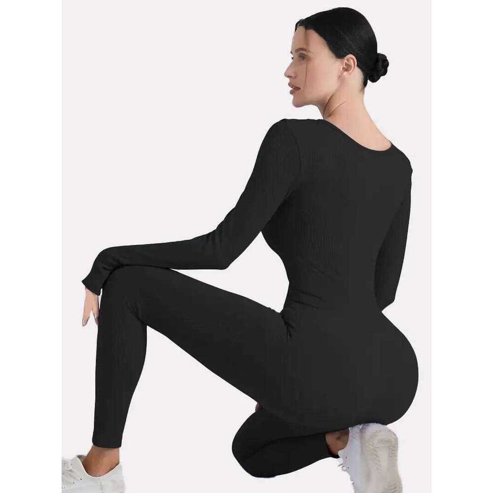 Solid Color Ribbed Yoga Jumpsuit, Seamless Slim Fit Long Sleeve Sports Bodysuit, Women's Activewear 26H0311