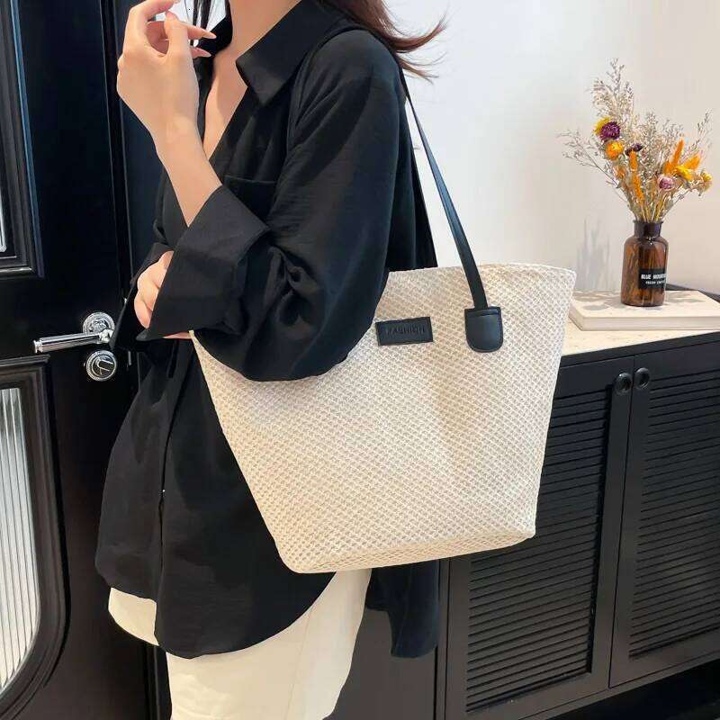 Portable Women's Beach Straw Bag Leisure Commuter Ladies Travel Shoulder Bags Solid Color Simple Female Large Capacity Handbag XJ260311