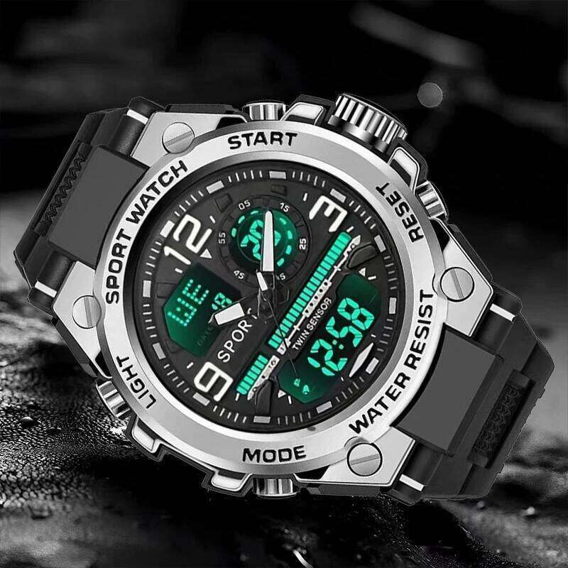 Men's and Women's Dual Display Racing Watch: Large Dial++Alarm Clock+Double Calendar+Stopwatch Function, Fearless of Dark Lighting Environme