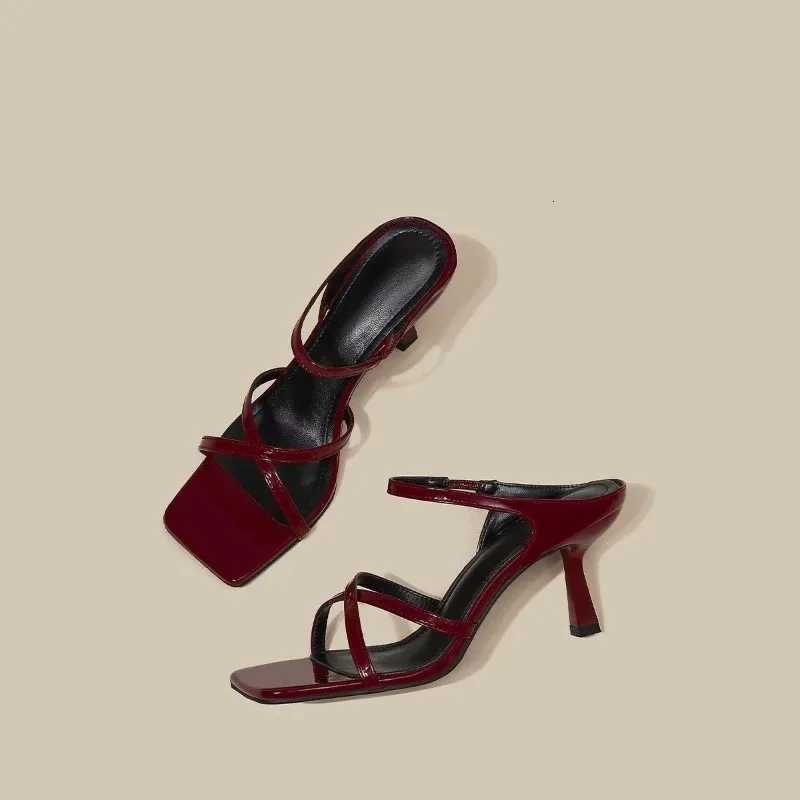 New Wine Red High Heels Sandals for Women Square Toe Bowtie Decor Summer Outdoor Slippers Woman Thin Heeled Party Wedding Shoes K260311