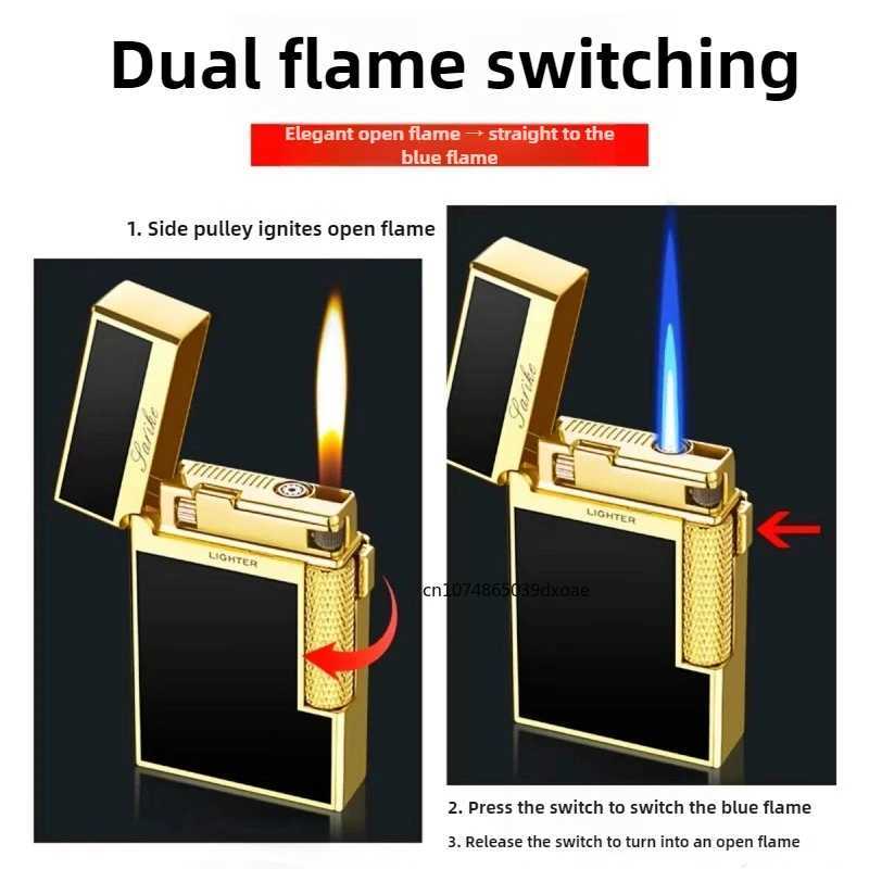Dual Flame Switch Butane Gas Lighter Exquisite Volcanic Crater Texture Metal Side Slide Ignition High-end Gift for Men N260311