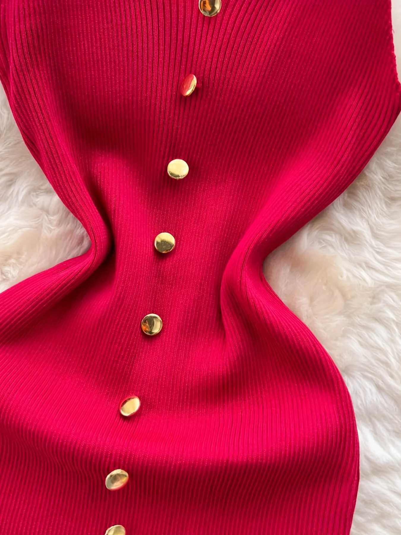 2024 Solid Button Front Spaghetti Dress Sexy Split Knit Cami Dress Bodycon Womens Clothing Outfits Split M260311