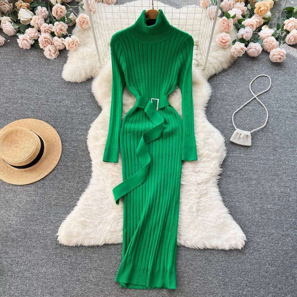 Green Winter Turtleneck Sexy Women Dress Autumn Long Sleeve Skinny Maxi Boydcon Casual knitted Sweater With Belt Party Club Z260311