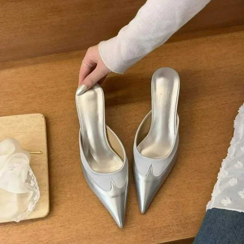Elegant pointed stitched heart-shaped high heels mule womens 2025 silver black brown shoes designer high heels K260311