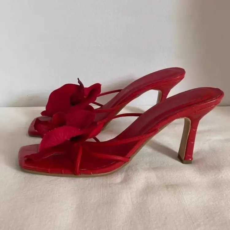 New red high-heeled sandals for women floral flip-flop style perfect for summer wear with skirts K260311