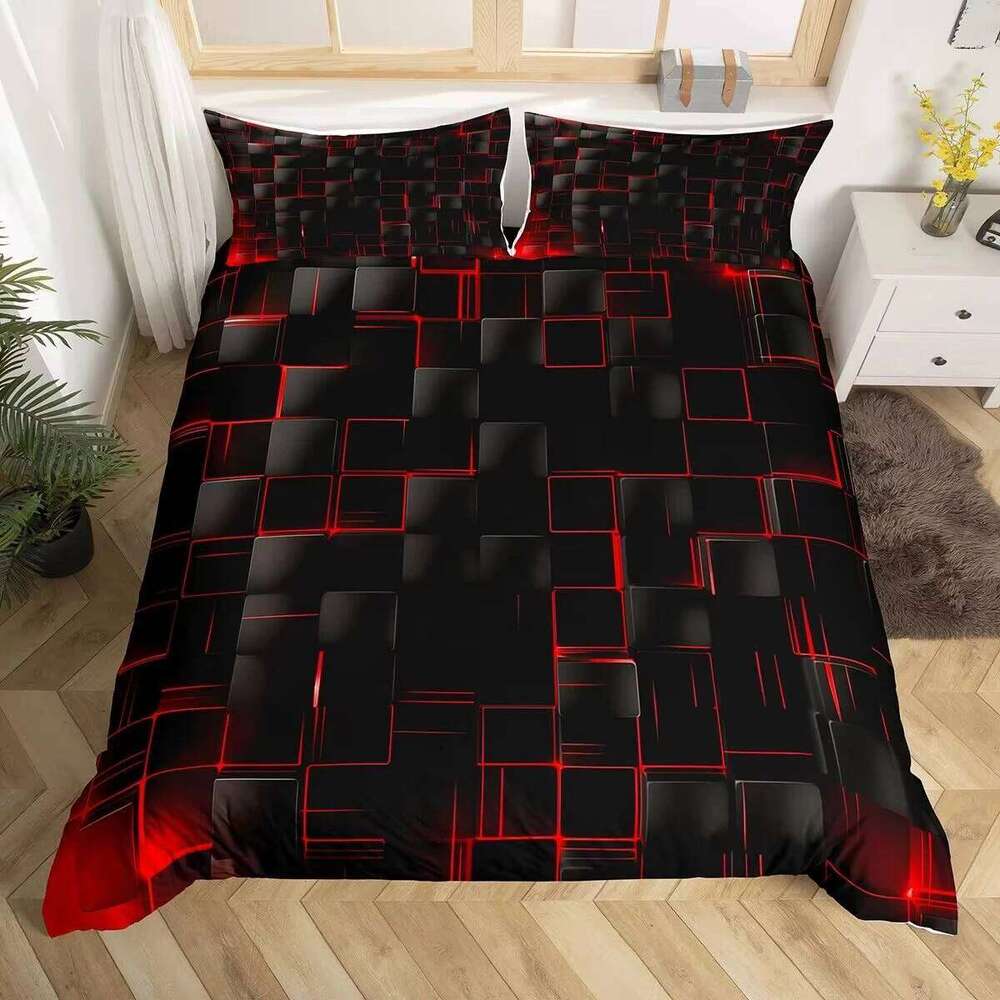 Black Geometric Duvet Set 3D Square Pattern Comforter Cover Kids Teenagers Boys Bedroom Decor Blue Creative Bedding H260311