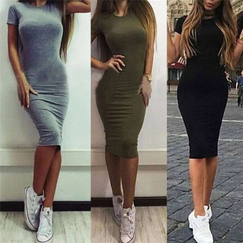 Summer Women Dresses Knee-Length Shinny Casual Short Sleeve Bandage Bodycon Sheath Dress Vestidos QT031 Z260311