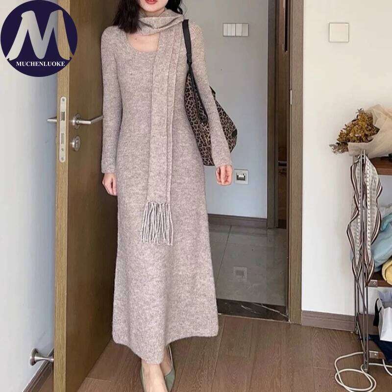 Elegant Women's Knitted Sweater with Scarf Low round Neck Korean Fashion Slim Fit Thickened Warm Autumn Winter Dress Z260311