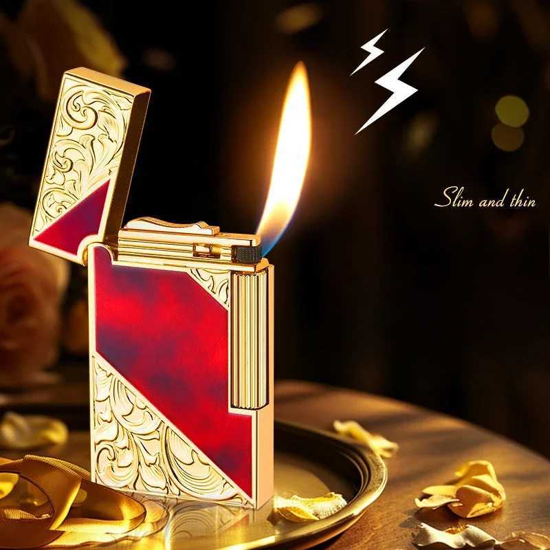 Slim Steel Sounding Light Luxury Retro Lighter Inflatable Open Flame Side Sliding Grinding Wheel Inclined Fire Metal Lighter N260311