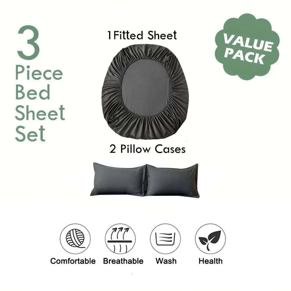 3pcs Cotton Bed 1 Fitted Sheet + 2 Pillowcases Breathable Soft Mattress with Pillow Cover Bedding Set H260311 - view 3