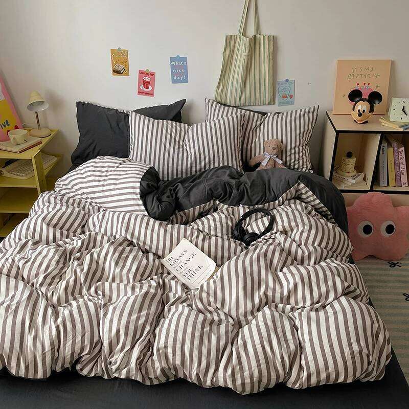 Pink Stripe Bedding Duvet with Pillowcase bed sheet Full Size Linen Quilt Cover Set Queen/King Double Single Bed H260311