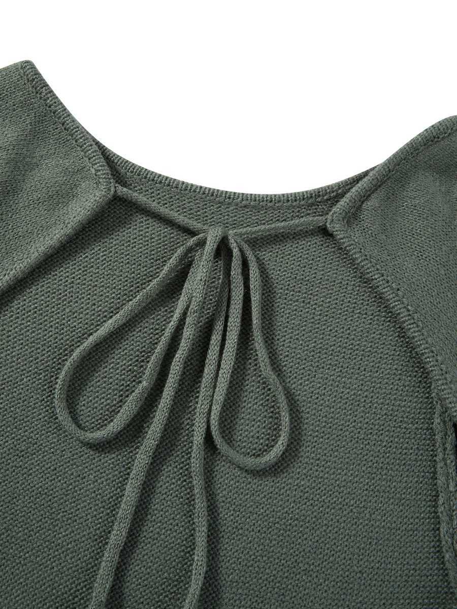 Women Long Sleeve Tie Backless Round Neck Ruffle Trim Long Dress Autumn Winter Knit Solid Color Bodycon Dress Beige/Grey/White M260311