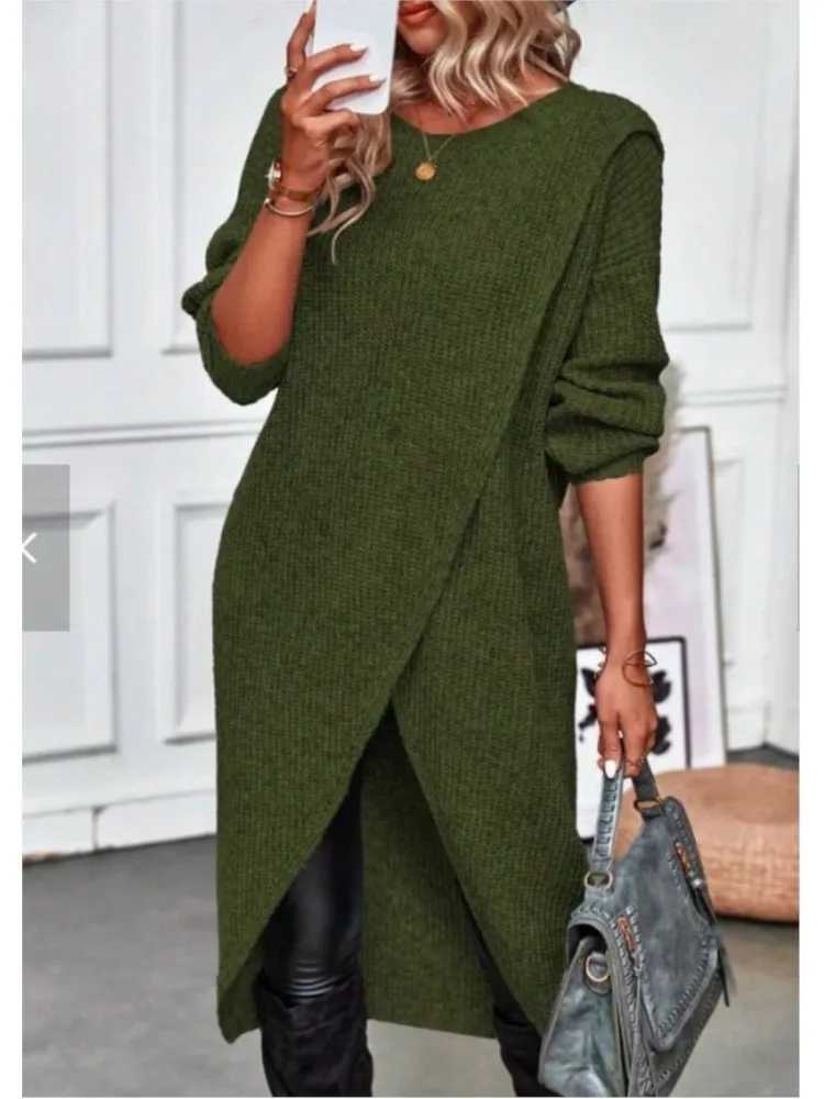 Womens Long Knitted Sweater Dress 2025 Autumn Winter Warm Fur Jumpers Casual Solid Loose Knit Midi Dress Lady Work Pullovers M260311