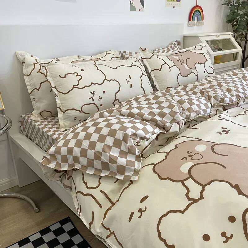 Kawaii Printed Floral Duvet Cover Pillowcase Bedding Set Cute Dog Bear Bed Linen Sheet Quilt Full Queen King Size H260311