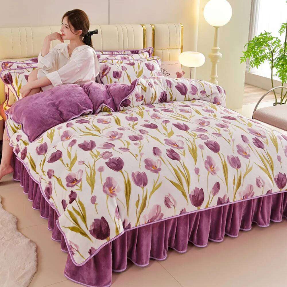Milk Velvet Winter Warm Four Piece Soft Thickened Bedding Quilt Pillowcase Bed Sheet Anti-static Duvet Cover Set H260311