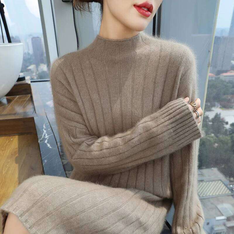 Thicken 100%Pure Mink Cashmere Knitted Dress Women's High-Neck Split Large Size Long Skirt Fashion Loose High-Waist Hip Pullover Z260311