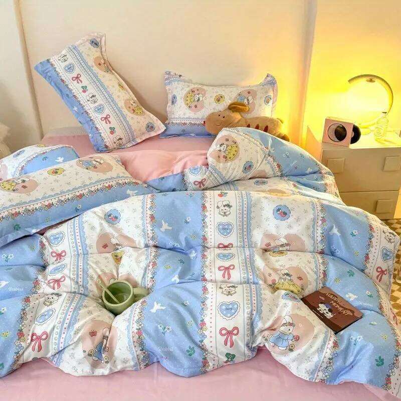 Cute Rabbit Bedding Set New No Filler Ins Floral Duvet Flat Sheet Pillowcases Twin Queen Size Girls Boys Comforter Cover H260311