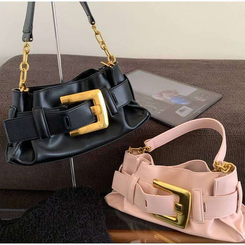 Y2k Belt Buckle Fashion Women's Handbags Pleated Design Cool Girls Underarm Bag Vintage Shoulder Bags Chain Tote Purses XJ260311