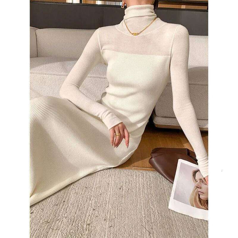 White Turtleneck Knitted Dress in Autumn Winter New Fit Slim Bottoming Hip-covering Long Skirt Z260311