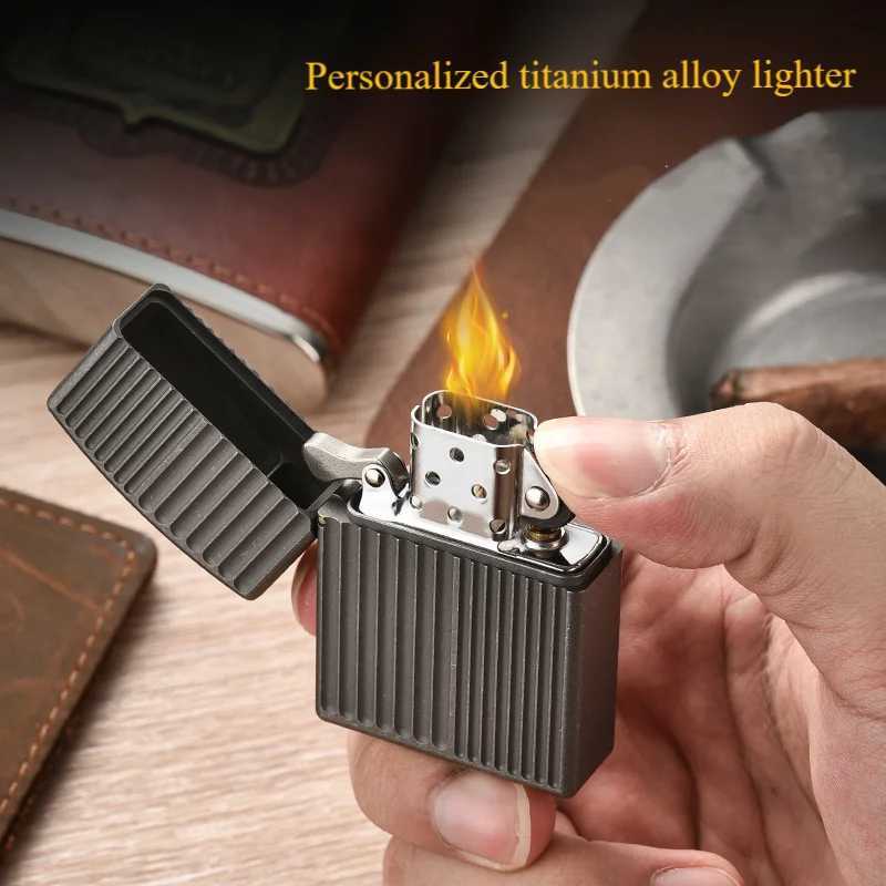 Heavy Armor Full Titanium Fuel Lighter Thickened Oil Windproof Pocket Lighter Vintage Style Mens Cigarette Lighter N260311