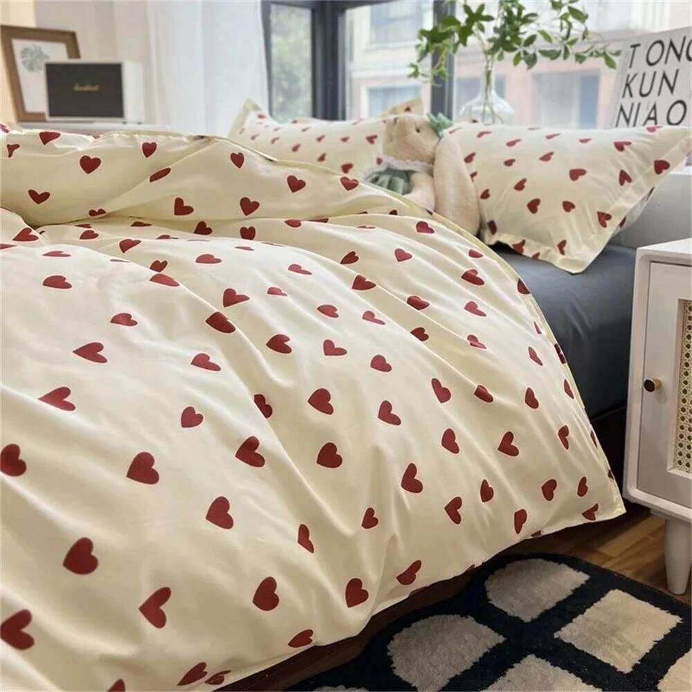 Korean Style Bedding Kid Adult Twin Full Queen Size Flat Sheet Set Pillowcase Bed Linen Love Heart Duvet Cover H260311