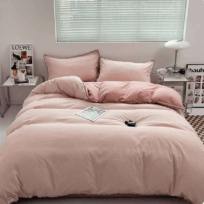 Ins Style Double Striped Bed 3-4 Pces Solid Washed Cotton Bedding with Sheets Pillowcases Skin Friendly Breathable Duvet Cover H260311