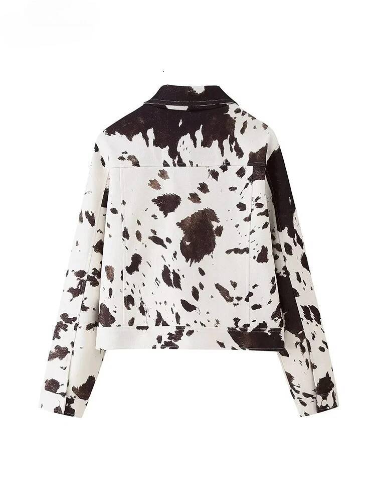 2026 Spring Commute Street Coat Casual Women Lapel Jacket Female Cow Print Long Sleeve Single Breasted Short Length Outerwear