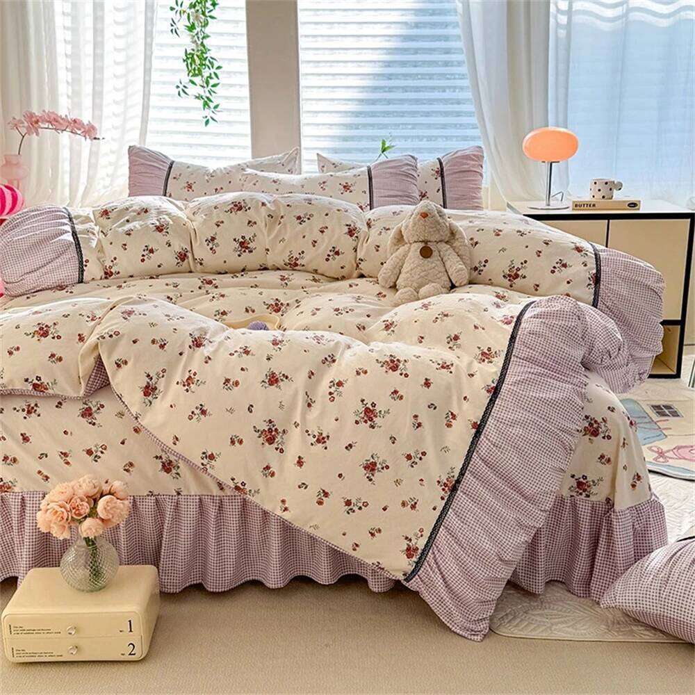 Korean Comforter Bedding Washed Cotton Four-Piece Princess Printed Soft Bed Linen Duvet Set Floral Quilt Cover H260311