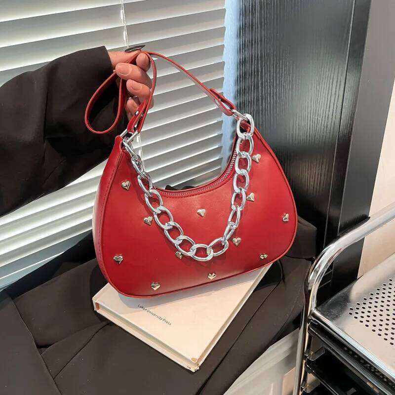 Versatile Heart Decoration Underarm Bags for Women Simple Fashion Ladies Y2k Shoulder Bag Pu Leather Portable Female Handbags XJ260311
