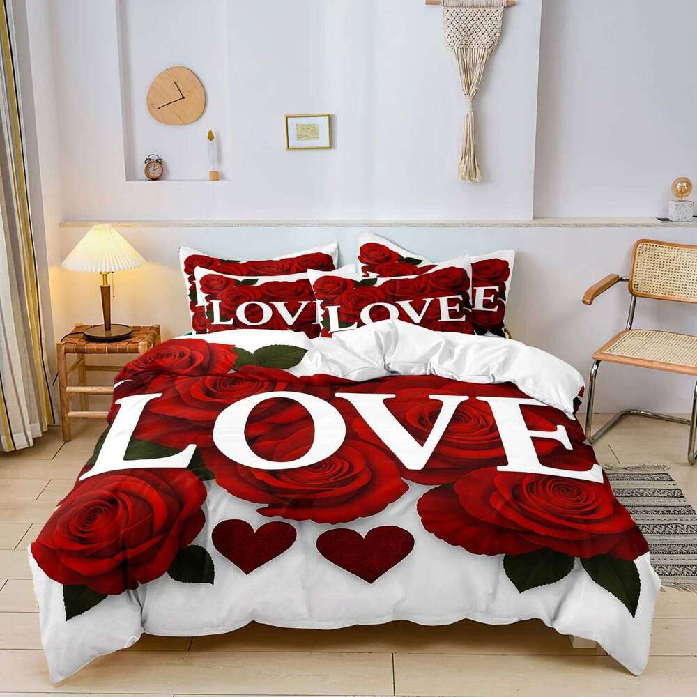3pcs Valentine'S Day Romantic Rose Love Letter Pattern Bedding Set, Soft And Comfortable Duvet Cover Bedroom H260311